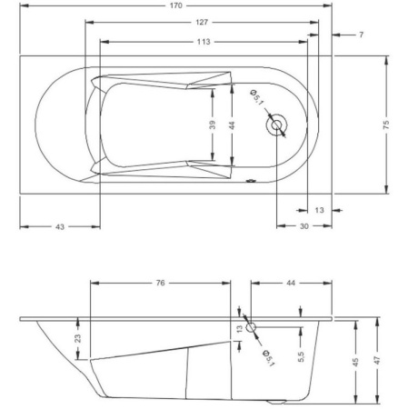 акриловая ванна riho lazy 170х75 r b079001005 (bc3900500000000) без гидромассажа