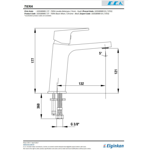 смеситель для раковины e.c.a. tiera 103508989ex