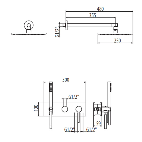 комплект для душа gattoni circle one 9070/pdno, со смесителем на 2 вых, ручной лейкой и верхним душем 25см, цвет: черный матовый