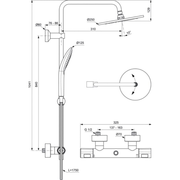 душевая система 250 мм ideal standard ceratherm t100 a7241aa