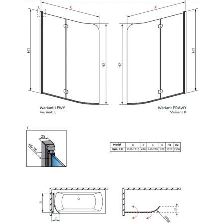 шторка для ванны radaway eos pnd i 130 right 1205202-101r прозрачное