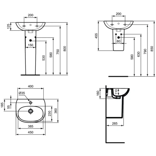 раковина подвесная ideal standard tesi 45 см, t352401