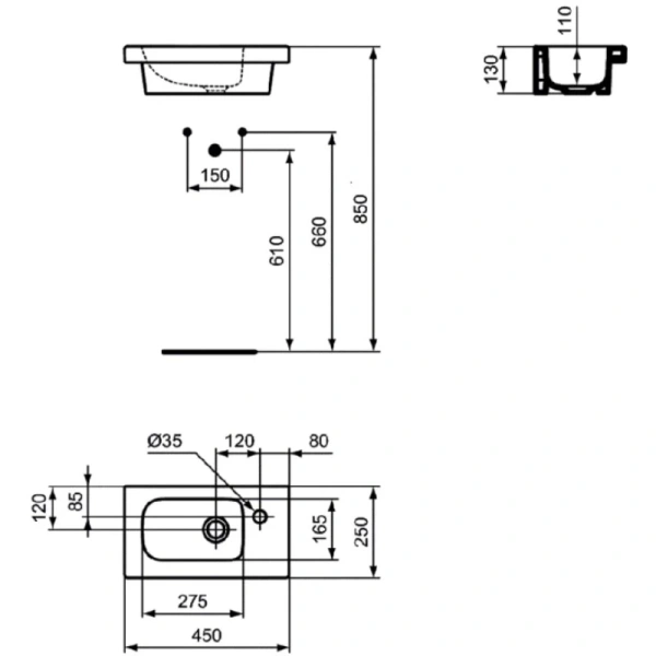 раковина накладная ideal standard connect space 45см, e136101 белая