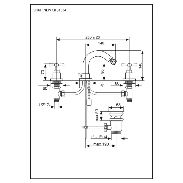 смеситель emmevi spirit new 31034/cr для биде, на 3 отверстия с донным клапаном, хром