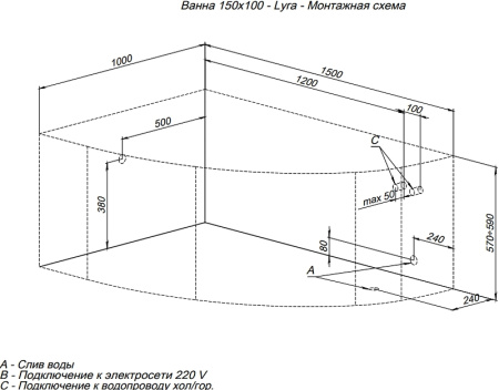 акриловая ванна aquanet lyra 150x100 l 255736 с каркасом, цвет белый.