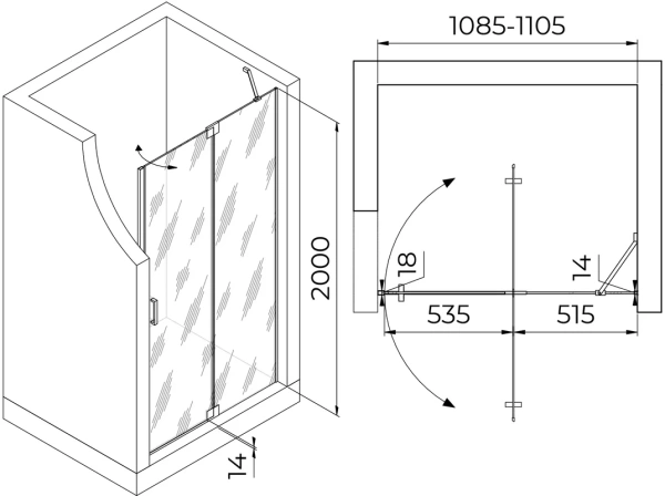 душевая дверь в нишу rgw hotel ho-014 1100х2000 профиль хром, стекло прозрачное