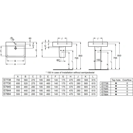 раковина подвесная ideal standard connect cube e788401 50 см