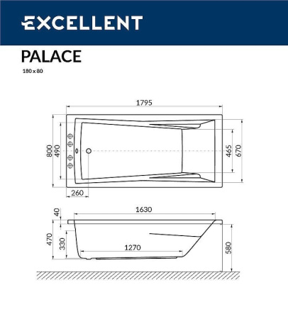 акриловая ванна excellent palace 180x80 "line" цвет золото